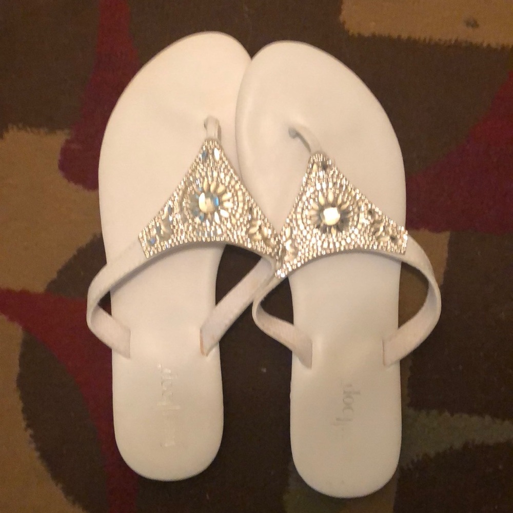 White Rhinestone thong sandals slide one
